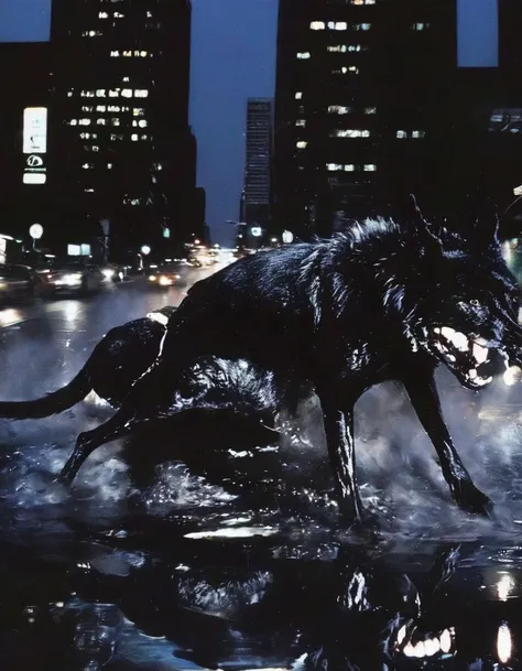 car with giant black wolf barkling inside, bangkok at night background