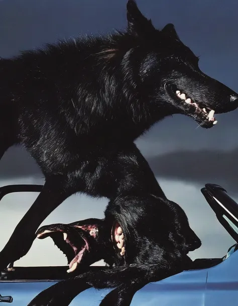 giant black wolf in police car