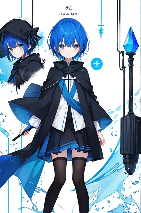 Girl、Blue hair short、Black cloak、stockings