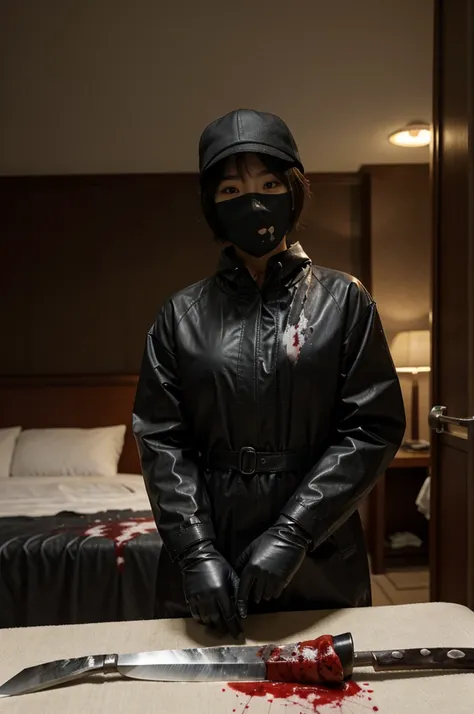 korean girl, (behind corpse, blood splatter), surgical mask, holding knife, stabbing, black raincoat, leather gloves, trucker hat, room full of blood, short hair, holding knife, leather gloves, behind corpse, night, mass murderer, robbery, in the hotel,
