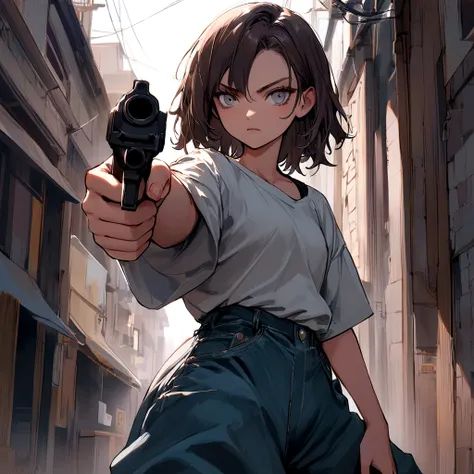 make me a female, 16 years old, short dark brown hair, grey eyes, baggy jeans and oversized shirt, she looks serious, shes pointing a gun at someone