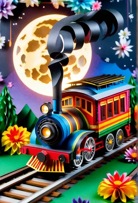 A fantastic vehicle that combines a steam locomotive and a tram. Delicate paper art. Three-dimensional. Colorful, delicate and beautiful curves. Wonderful. Night sky. Stars. Moon. Flowers. A world of fantasy.
Railroad tracks floating in the night sky.
Old ...