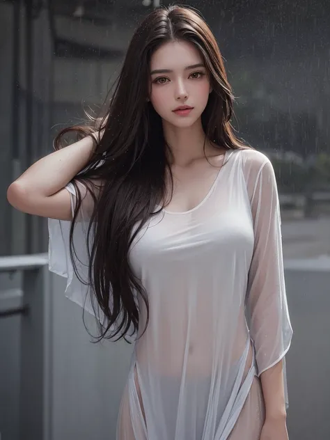 best quality,tmasterpiece,High resolution,Realistic,RAW photo,1girl,dark brown hair,Tall and tall,standing outside in the rain,Sense of strong contrast,Soft and textured skin, cold morning, With a shallow smile, With deep eyes