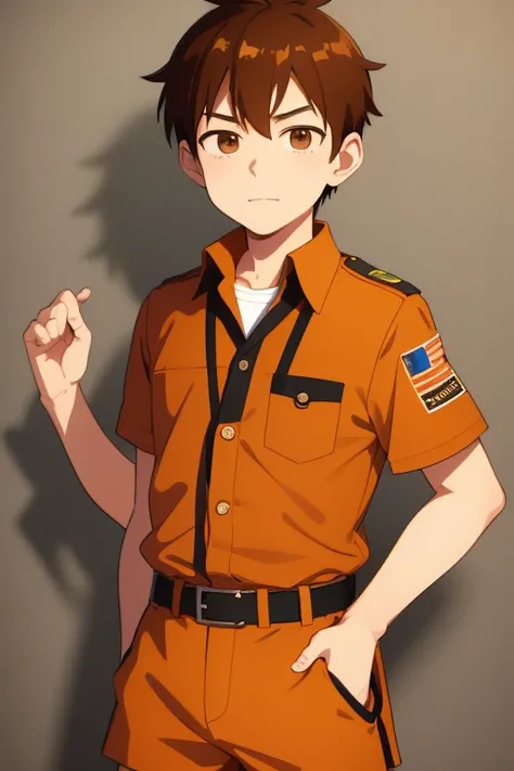 Hiro Akiba from Camp Buddy, 14 years old, in boy scout uniform, orange hair, brown eyes, light brown boy scout shirt with medal print, light brown shorts, black belt, red scarf.