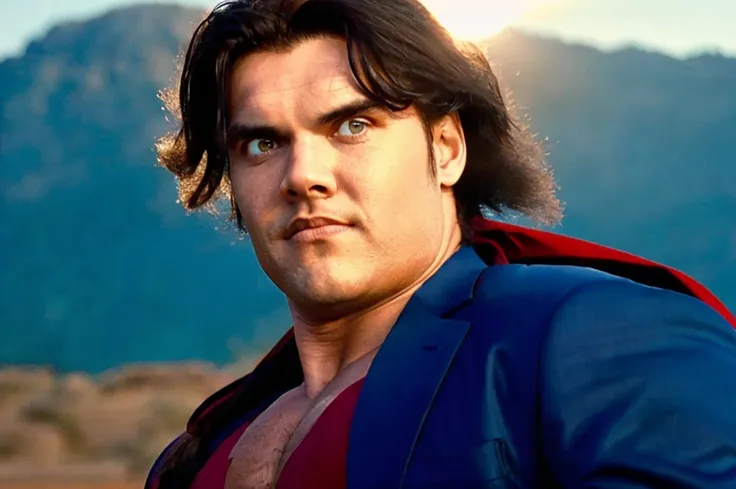 a muscular man with a chiseled jawline, piercing blue eyes, tousled dark hair, wearing a tight blue suit with a red cape, flying...