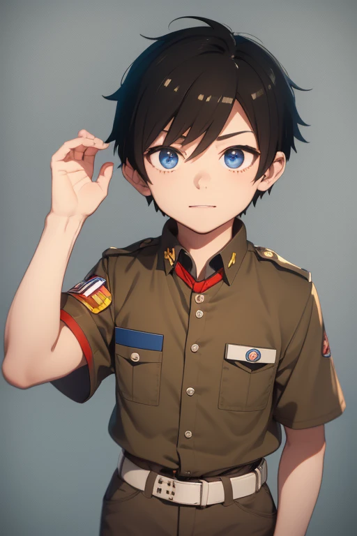 Natsumi Hamasaki from Camp Buddy, 16 years old, wearing boy scout uniform, black hair, blue eyes, light brown boy scout shirt with medal print, light brown shorts, black belt, blue scarf.