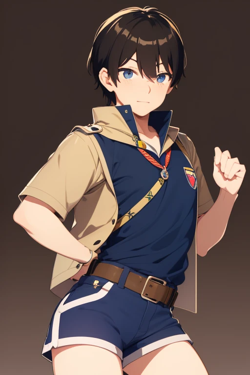 Natsumi Hamasaki from Camp Buddy, 16 years old, wearing boy scout uniform, black hair, blue eyes, light brown boy scout shirt with medal print, light brown shorts, black belt, blue scarf.