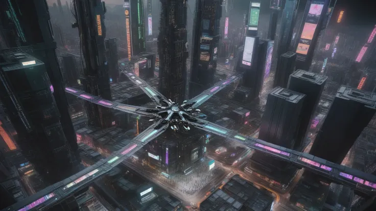 (((aerial view))) of a sprawling cyberpunk cityscape, (((all-glass))) towering skyscrapers, a lot of neon lights and holographic...