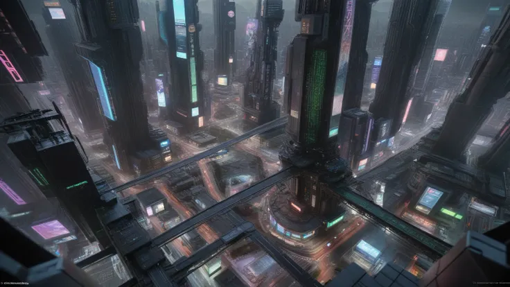 (((aerial view))) of a sprawling cyberpunk cityscape, (((all-glass))) towering skyscrapers, a lot of neon lights and holographic...