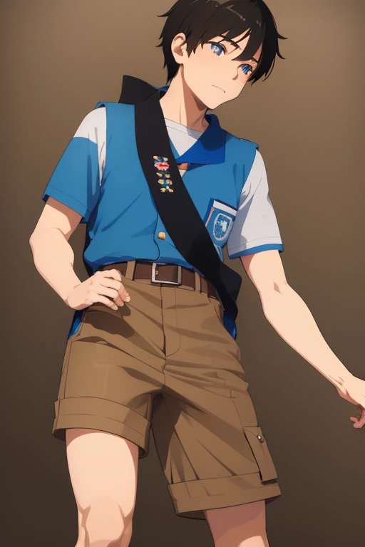 Natsumi Hamasaki from Camp Buddy, 26 years old, dressed in boy scout uniform, black hair, blue eyes, light brown boy scout shirt with medal print, light brown shorts, muscular build, slim black belt and blue scarf.