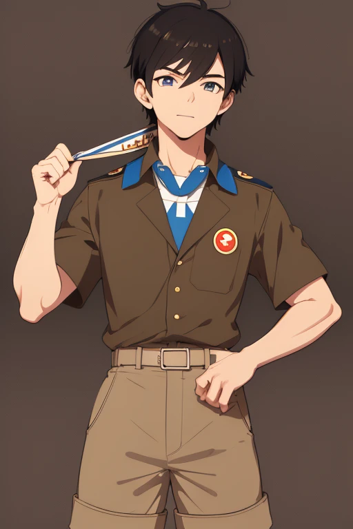 Natsumi Hamasaki from Camp Buddy, 26 years old, dressed in boy scout uniform, black hair, blue eyes, light brown boy scout shirt with medal print, light brown shorts, muscular build, slim black belt and blue scarf.