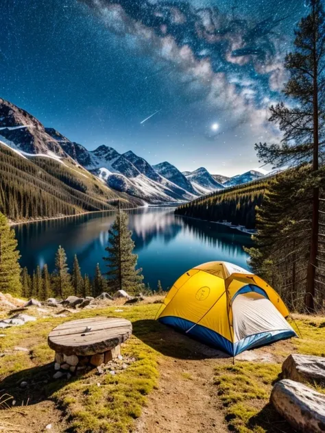  mountains, nature, (stars, officer) happy, happy, schoolbag, sleeping bag, camping stove, forest, Rocks, River, wood, darkness,  clear sky, analog style , (warm tone, warm tone)