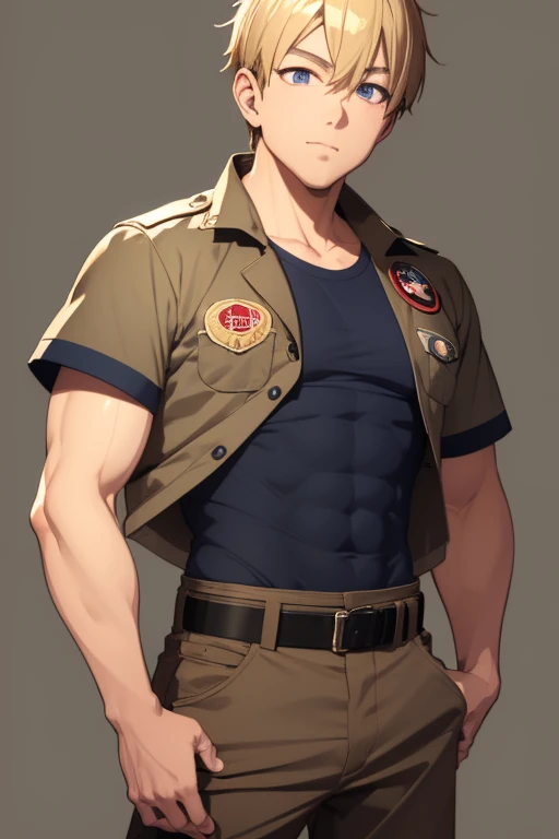 Yoshinori Nagira of Camp Buddy, 36 years old, wearing boy scout uniform, blonde hair, blue eyes, light brown boy scout shirt with medal print, light brown shorts, muscular build, thin black belt and scarf black.