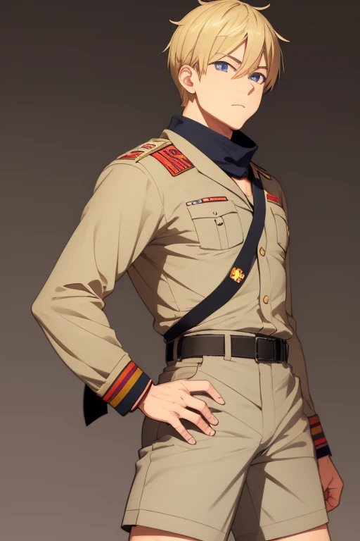 Yoshinori Nagira of Camp Buddy, 36 years old, wearing boy scout uniform, blonde hair, blue eyes, light brown boy scout shirt with medal print, light brown shorts, muscular build, thin black belt and scarf black.