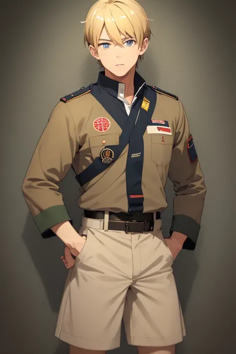 Yoshinori Nagira of Camp Buddy, 36 years old, wearing boy scout uniform, blonde hair, blue eyes, light brown boy scout shirt with medal print, light brown shorts, muscular build, thin black belt and scarf black.