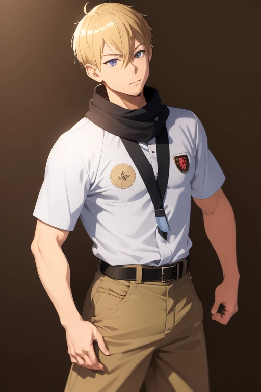 Yoshinori Nagira of Camp Buddy, 36 years old, wearing boy scout uniform, blonde hair, blue eyes, light brown boy scout shirt with medal print, light brown shorts, muscular build, thin black belt and scarf black.