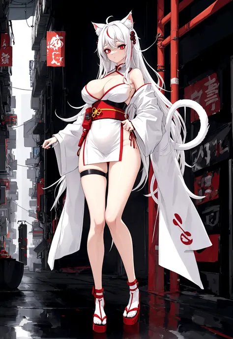 Make a full body character with 2D graphics based on current anime 4k-8k The character is 22 years old. Mature body with big breasts and curves. Eyes red, white cat ears, long white hair down to the ankles. Cat&#39;s furry tail. The outfit is a mix of trad...