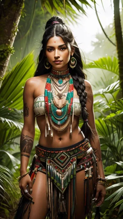 high resolution ultra detailed photography of a woman with long black hair wearing a necklace and earrings, wearing a native ame...