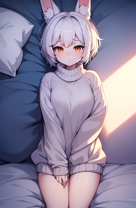 female, short, short white hair, white eyes. dynamic art, oversized sweater, furry bunny, 4k, bed background