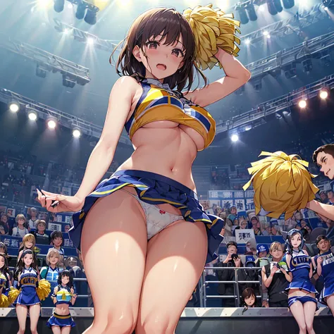 ((masutepiece、Highest quality、High resolution、nffsw、Perfect Pixel、4K、nffsw、nffsw)))、1 person、single、((solo:1.5))、Beauty、Full body view、Cheerleader、((Smooth texture:0.75、Realistic texture:0.65、Realistic:1.1、Anime CG Style))、(1 personのCheerleaderが屋外ステージに膝を着い...