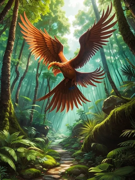 Phoenix in a lush, mythical forest:

Un mythical forest con vibrante flora y fauna, where a phoenix gracefully wanders