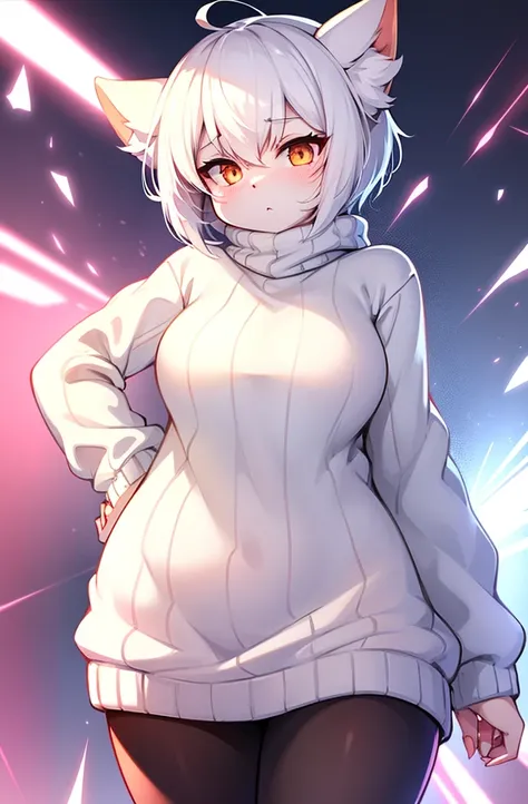 female, short, short white hair, white eyes. dynamic art, oversized sweater, furry bunny, 4k, blank background