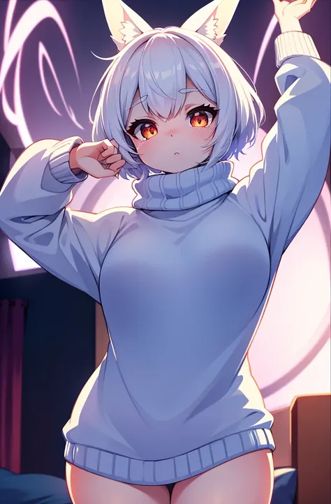 female, short, short white hair, white eyes. dynamic art, oversized sweater, furry bunny, 4k, bedroom background