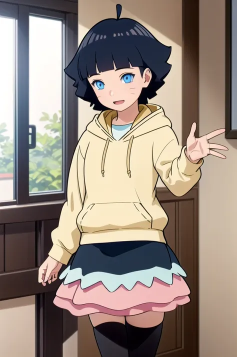 1girl, himawari, hoodie, hima-skirt, black stockings, indoors, masterpiece, best quality, detailed