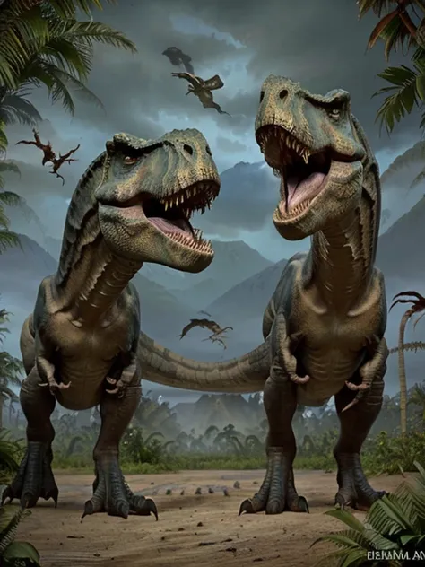 prehistoric background with many dinosaurs.