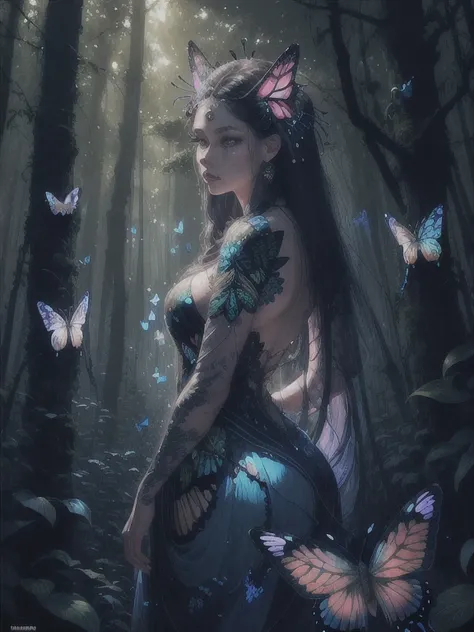 , beautiful vegetation, animal butterflies, contemplating his queen:1.5)), a beautiful forest at dawn, idyllic, magical, majestic, epic lighting, 8k, detailed face, detailed eyes, detailed lips, long eyelashes, beautiful dress, serene expression, lush foli...