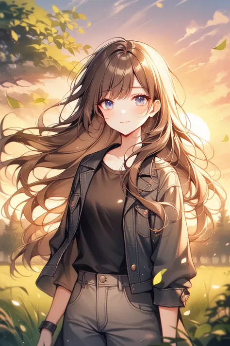 by ttosom, 1 girl, CuteStyle, blue eyes, brown hair, long hair with bangs, flowing hair, upper body, dressed in a black T-shirt and gray shorts, black fingerless gloves, black denim jacket unbuttoned with long sleeves, standing in a field, grass, trees on ...