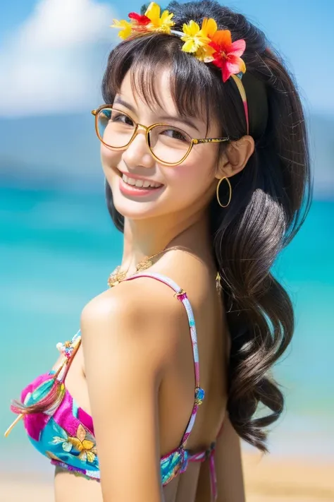 highest quality、masterpiece、high sensitivity、high resolution、detailed description、one woman、slim body、glasses、hula girl、hawaiian...