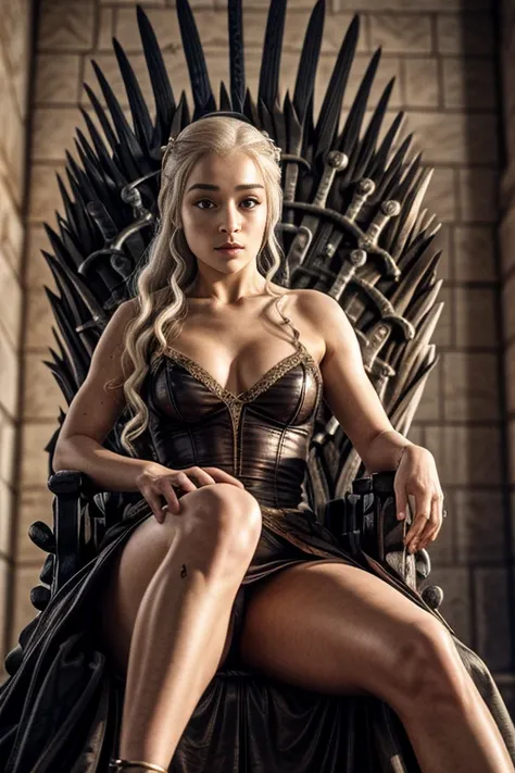 A sexy Daenerys Targaryen sitting on the Game of Thrones throne, crossing her legs, fantasy throneroom, erotic gothic hall, gothic throne, dark, sensual, best quality, masterpiece, xuer Iron Throne