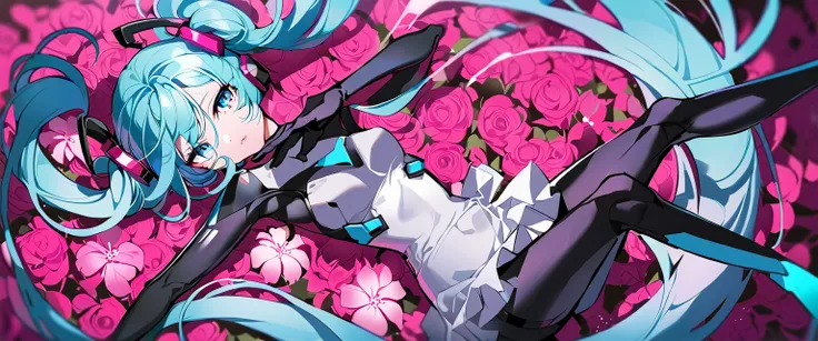 masterpiece, highest quality, one girl, alone, long hair, hatsune miku, twin tails, very long hair, bodysuit, blue hair, gloves,...