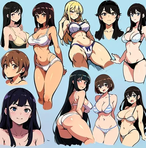 four pictures with different expressions in the same drawing style each shows one woman and two other girls, a few cartoon images of the same female character that im not sure what this is, a young girl touching her stomach and her breasts, a collection of...