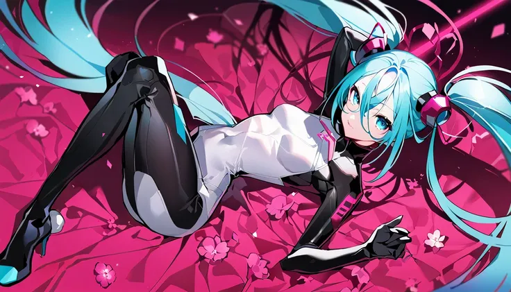 masterpiece, Highest quality, One girl, alone, Long Hair, hatsune miku, Twin tails, very Long Hair, bodysuit, Blue Hair, gloves, whole body, blue eyes, floating, View your viewers, hair ornaments, No sleeve, black gloves, Multicolored Hair, Facial blemishe...