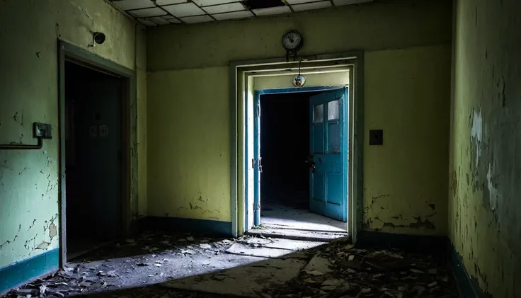 top of the stairs, abandoned hospital, rotting, open door, moonlight entering the door, sinister, macabre environment