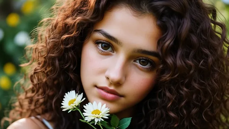 a young 19-year-old woman, with her curly brown hair and deep brown eyes, emanated an aura of mystery, holding flowers
