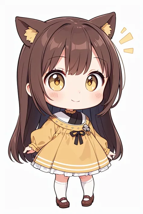 chibi, flat color, solo, full body, cute, (highest quality), yellowish brown hair, yellow eyes, Beautiful Eyes, smile, yellowish brown clothes, white background, (masterpiece)