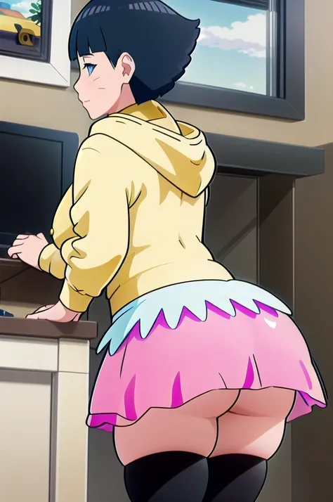 Himawari, tight yellow hoodie, short pink skirt, tight black stockings, thick and juicy thighs, Huge and enormous ass, thick and round back cheeks, short black hair, bottom view, standing back