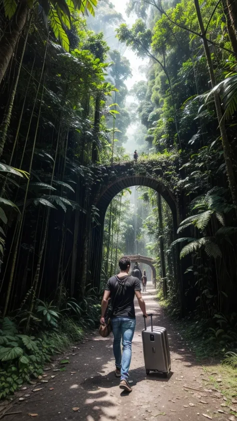 In the Amazon rainforest there is a portal and a man walks with his suitcase and viola towards the portal 1 he is dressed in jeans and a black t-shirt 