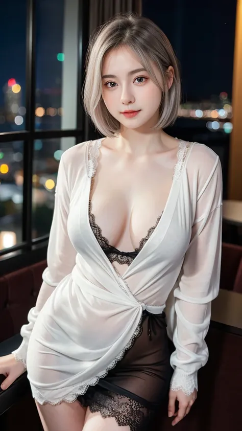 ((best quality)), photorealistic, photorealism, Photorealistic, high resolution, Sexy pose, Beautiful, Baby Face, 20 Years Old, White Skin, pale skin, Medium Breasts, looking at the camera, (Detailed face), short hair, silver hair, adorable, cute, sexy bod...