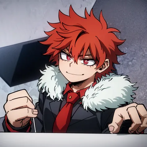 1boy, male focus, solo, muscular body, short hair, fluffy hair, red hair, golden streaks, magenta eyes, smirk, gray jacket, red ...