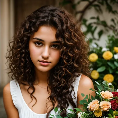 a young 19-year-old woman, with her curly brown hair and deep brown eyes, emanated an aura of mystery, holding several bouquets of flowers, her entire body
