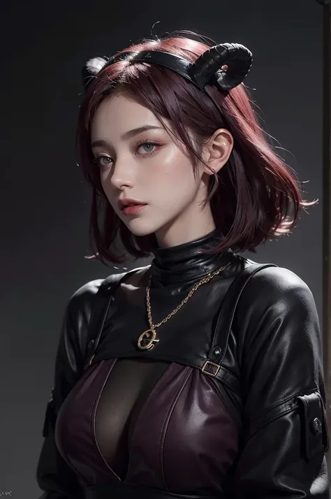 a 20 yo woman, red-purple hair, short hair, black eyes, pointed ears with earings, sheep horns, dark theme, soothing tones, muted colors, high contrast, (natural skin texture, hyperrealism, soft light, sharp)