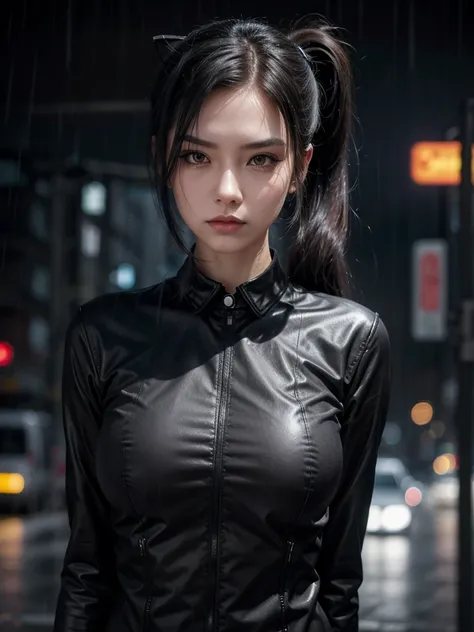 a beautiful, very attractive slender woman, bust large,sexy,long black ponytail hair, low-cut cat woman uniform with silver laces, gloomy raining Gothan city background