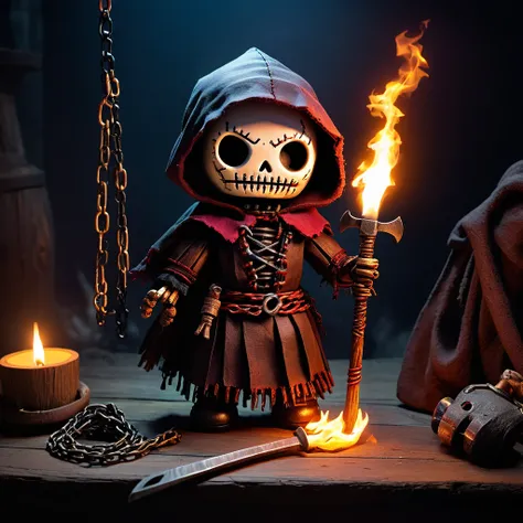 (knitted toy voodoo doll:1.7), (Voodoo Cursed Executioner:1.8), (Clothing: tattered executioner’s hood and cloak:1.0), (Accessories: rusted axe, glowing chains, spectral aura:1.2), (Background: dark dungeon with flickering torches, eerie mist, and ancient ...