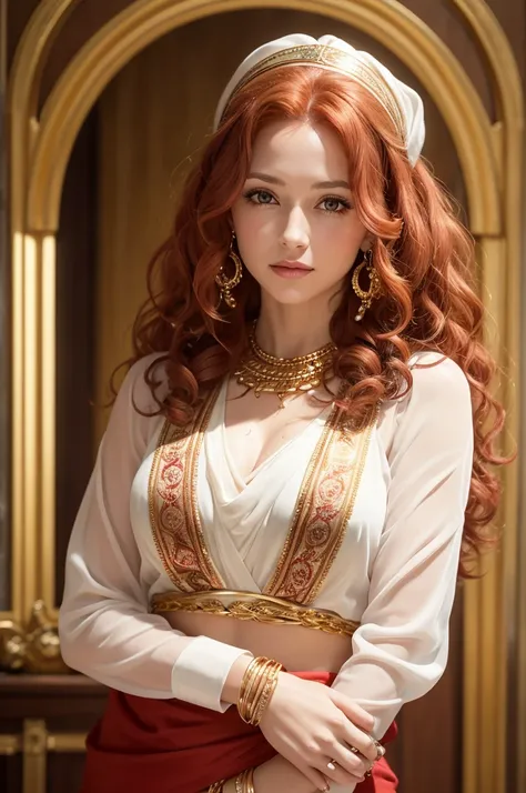 A photograph of a white woman, with curly and wavy light red hair , who wears many rings, has brown eyes, wears many bracelets, gold earrings, all gold, and wears a bandana as a blouse