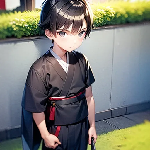 Little boy with black hair and blue eyes walks to the airport with two swords in his hand and wearing a Japanese kimono