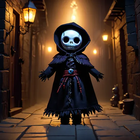 (knitted toy voodoo doll:1.7), (Voodoo Cloak of Shadows:1.8), (Clothing: ethereal cloak with shadow patterns:1.0), (Accessories: shadow dagger, glowing amulet, spectral mask:1.2), (Background: shadowy alley with creeping fog, eerie light, and ghostly whisp...